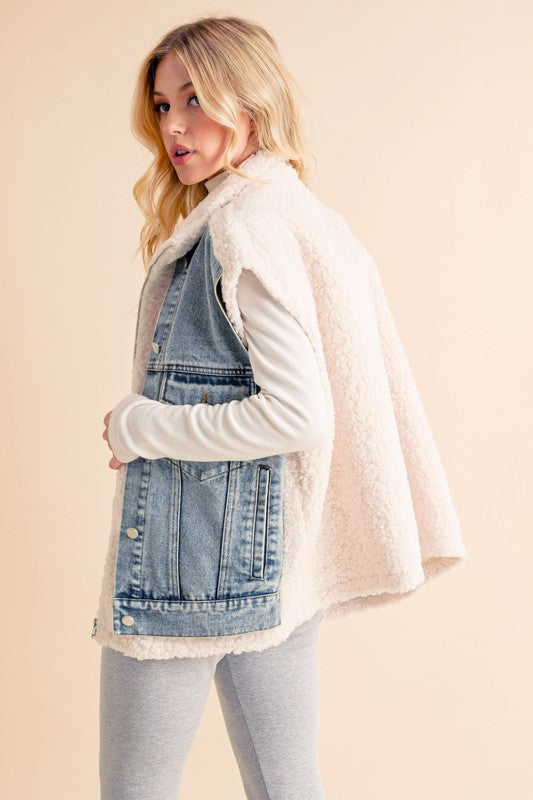 Aemi + Co Fake Two Pieces Denim Patch Sherpa Vest Coat - felvior