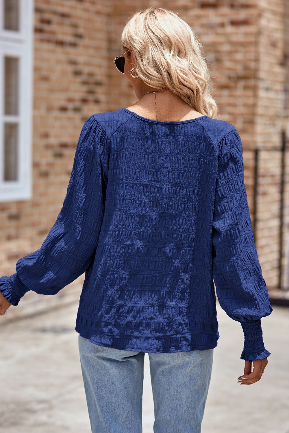 Ruched Round Neck Lantern Sleeve Blouse - felvior