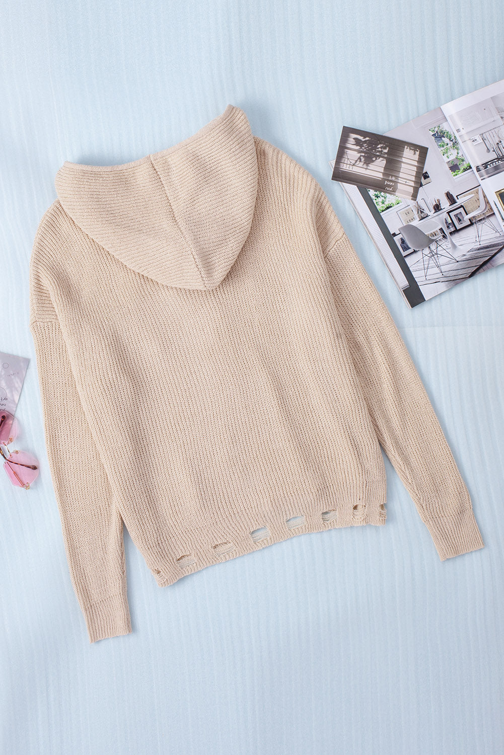 Distressed Zip Up Drawstring Hooded Cardigan - felvior