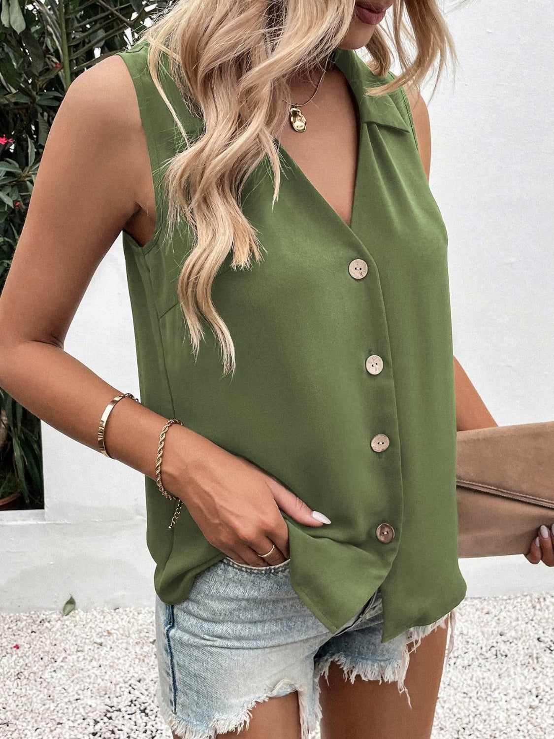 Full Size Johnny Collar Button Down Tank Plus Size