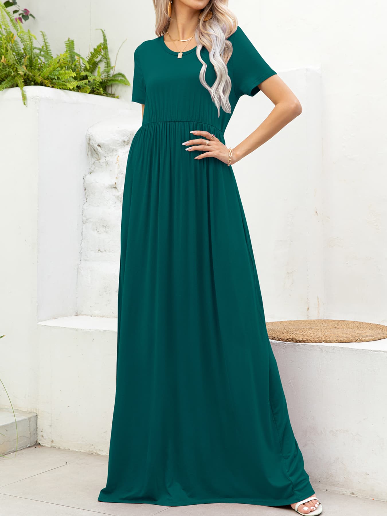 Round Neck Short Sleeve Maxi Dress with Pockets - felvior