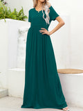 Round Neck Short Sleeve Maxi Dress with Pockets - felvior