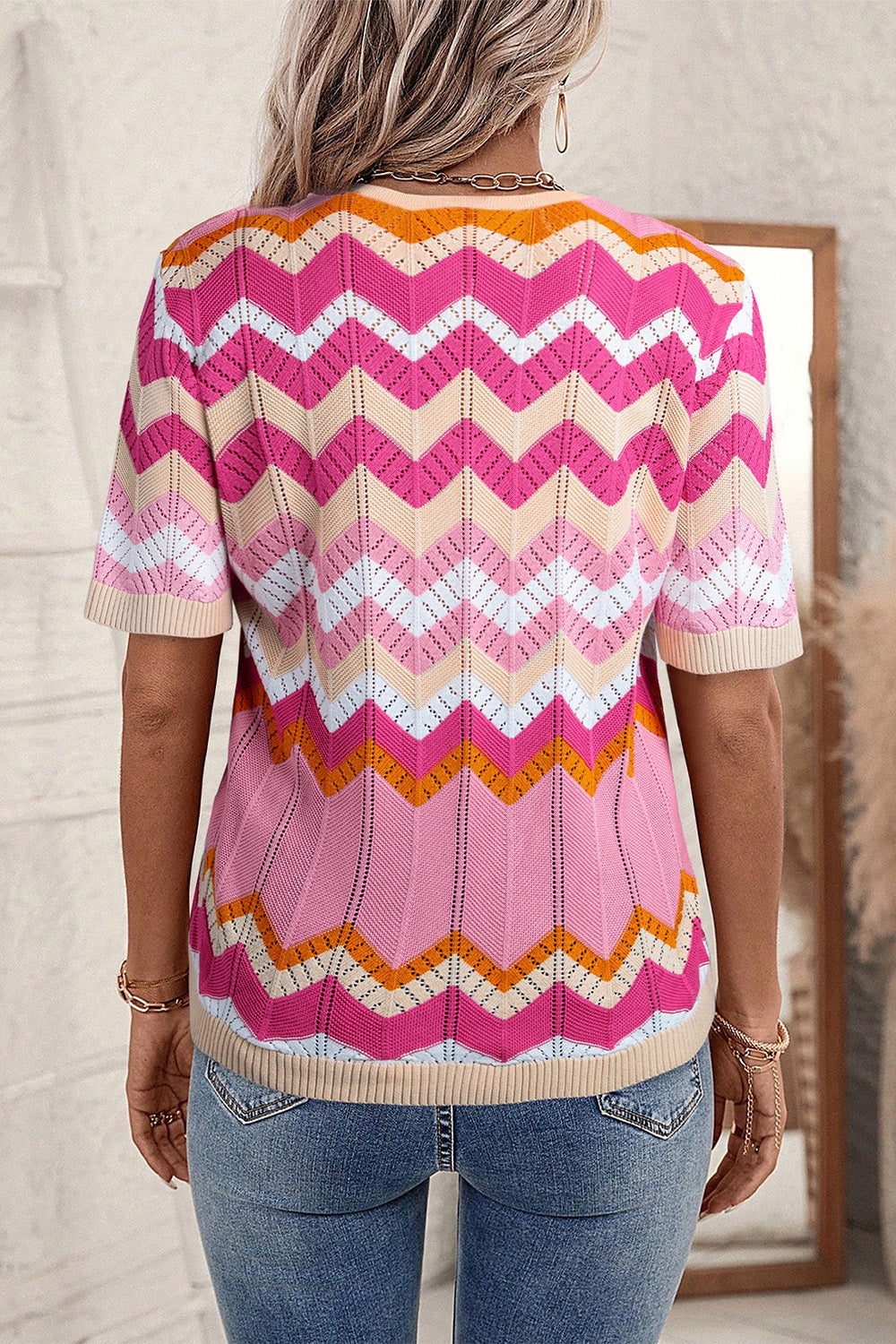 Stripe Chevron Openwork Round Neck Short Sleeve Knit Top - felvior