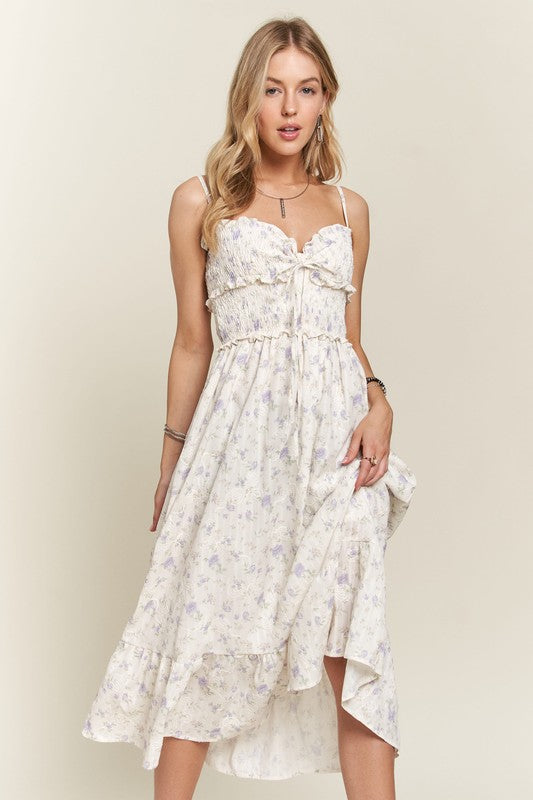ADORA Smocked Floral Sweetheart Neck Cami Dress - felvior