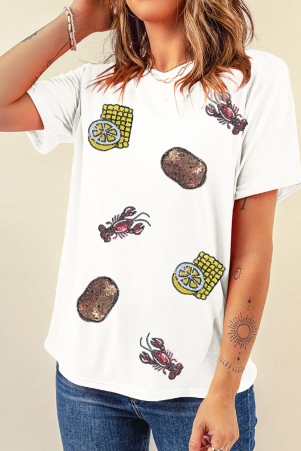Sequin Crawfish Potato Round Neck Short Sleeve T-Shirt Hauptbild