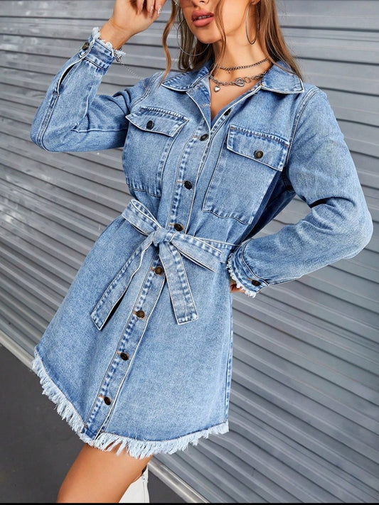 Raw Hem Collared Neck Long Sleeve Denim Dress - felvior