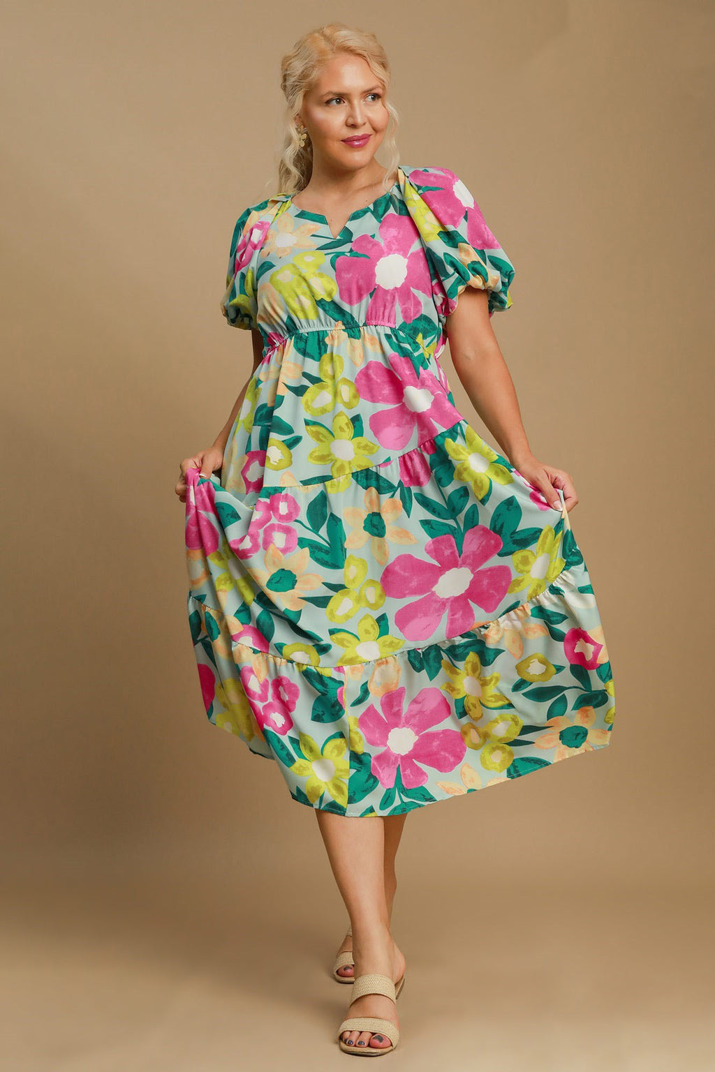 Umgee Full Size Tiered Floral Print Notched Puff Sleeve Midi Dress Plus Size