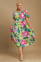 Umgee Full Size Tiered Floral Print Notched Puff Sleeve Midi Dress Plus Size
