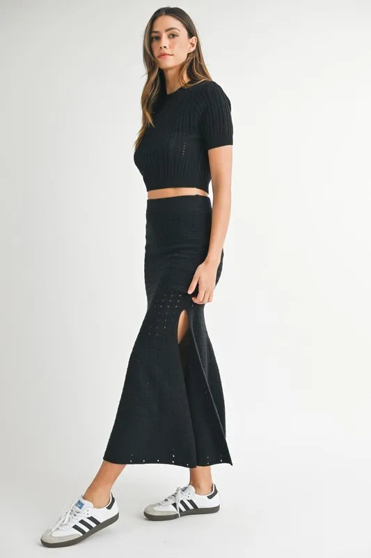 MABLE Pointelle Short Sleeve Crop Top and Slit Skirt Sweater Set