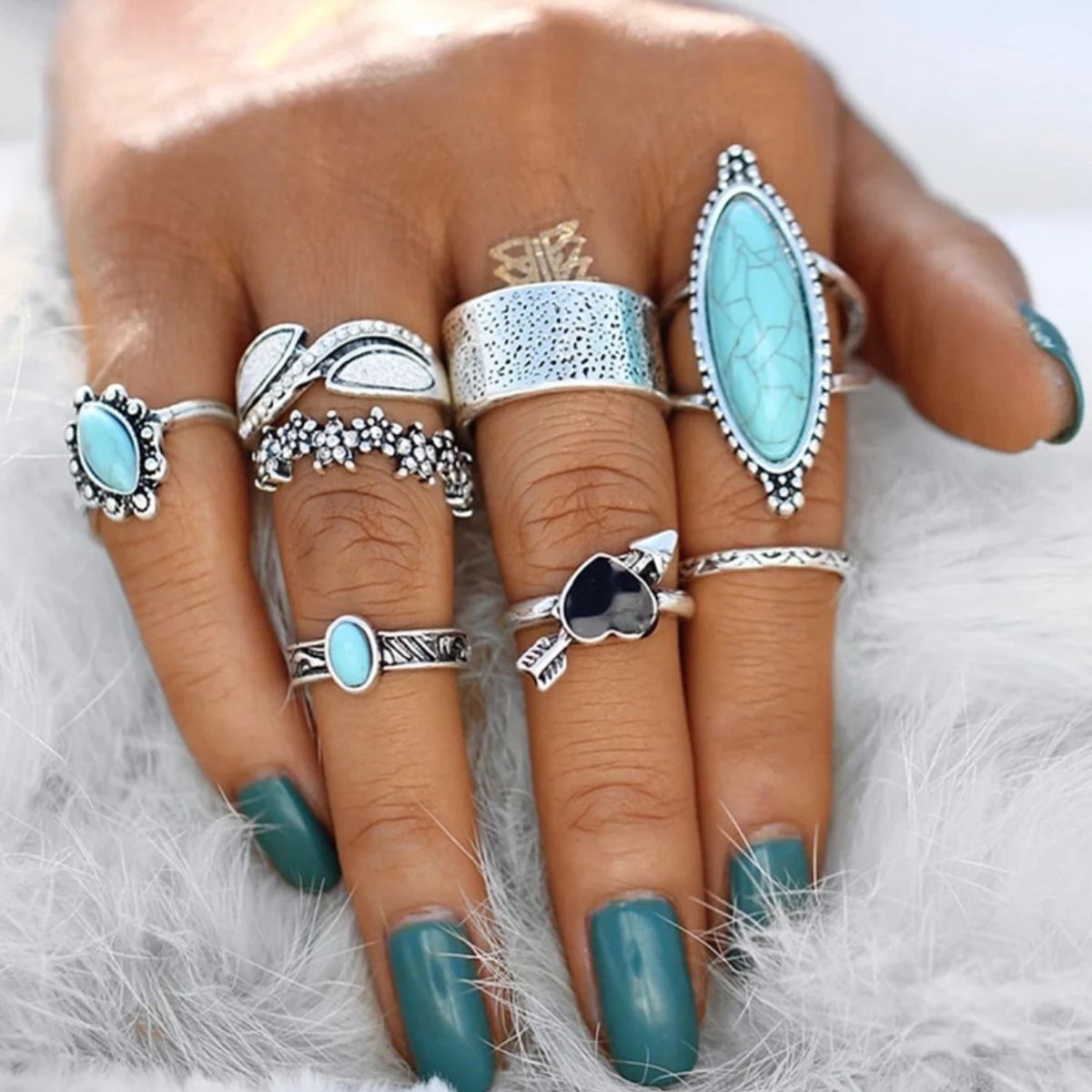 Turquoise Alloy 8-Piece Ring Set - felvior