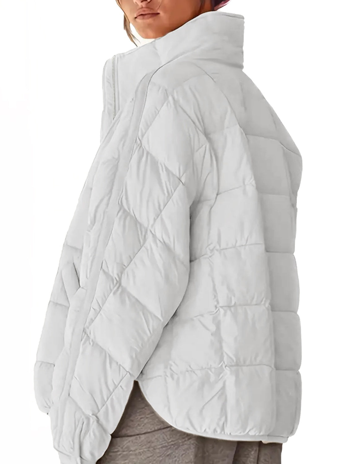 Pocketed Plaid Quilted Zip Up Winter Coat - felvior