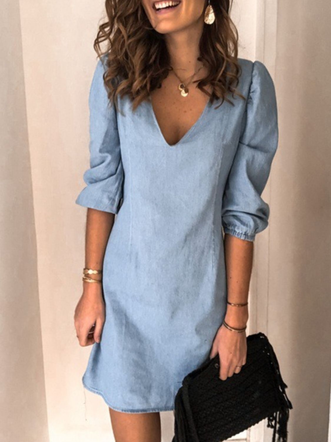 Full Size V-Neck Half Sleeve Dress - felvior