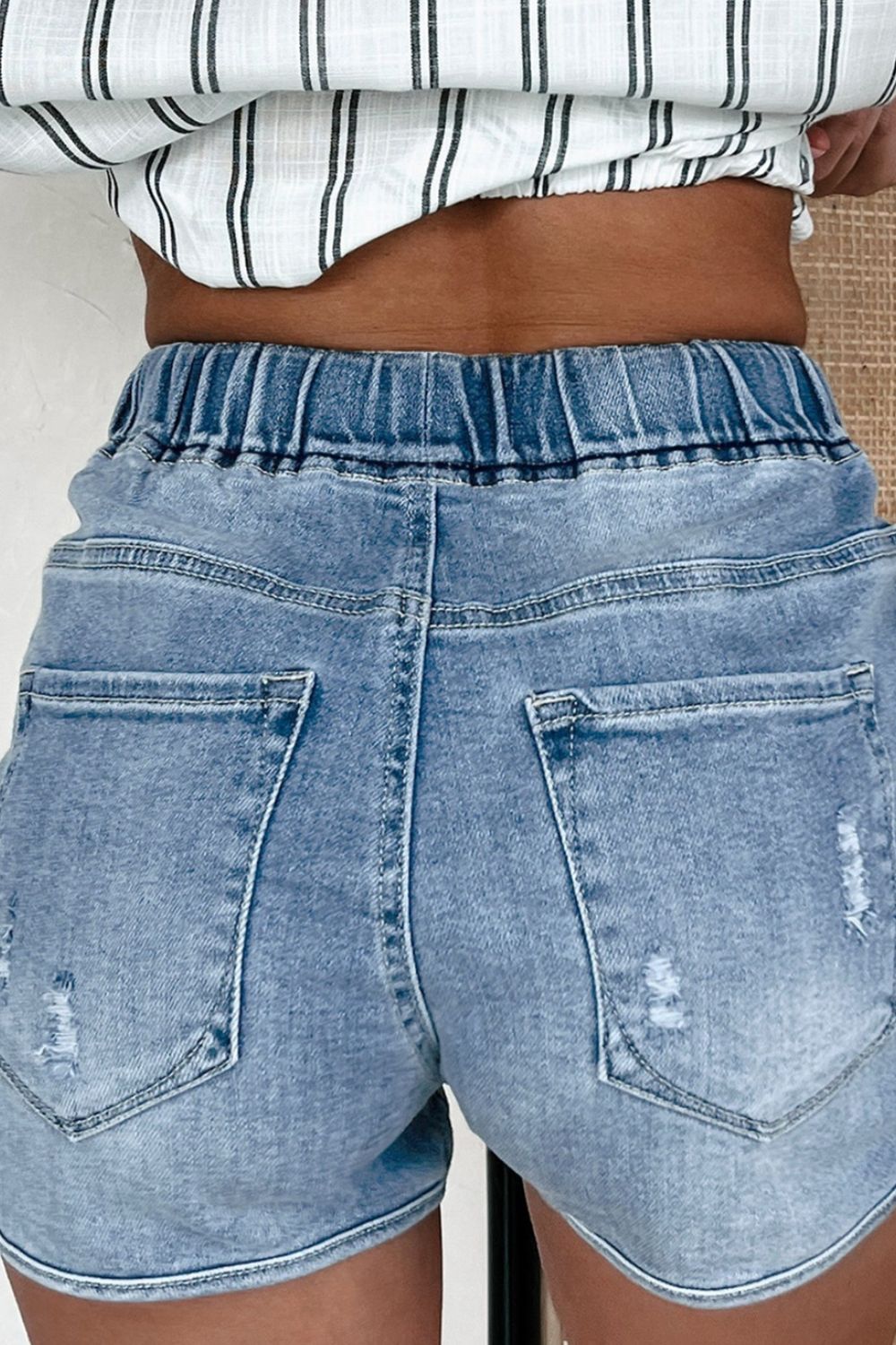 Drawstring High Waist Distressed Denim Shorts - felvior