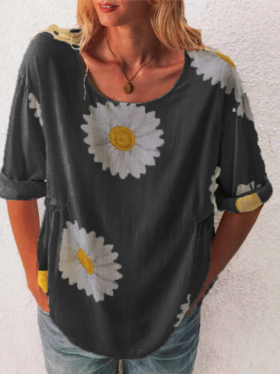 Full Size Flower Round Neck Half Sleeve T-Shirt Plus Size - felvior
