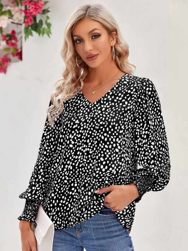 Printed V-Neck Lantern Sleeve Blouse - felvior