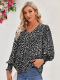 Printed V-Neck Lantern Sleeve Blouse - felvior