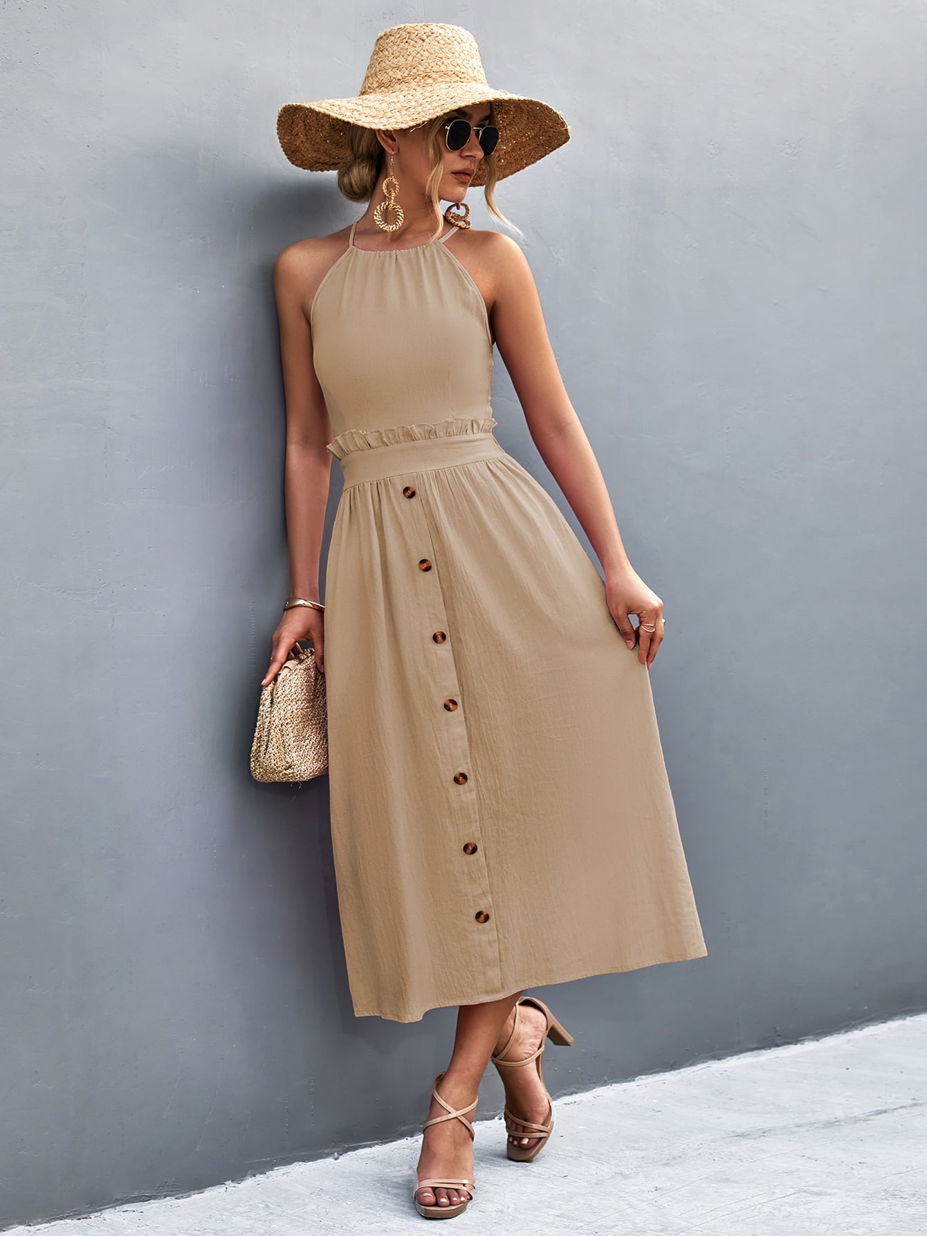 Buttoned Halter Neck Frill Trim Midi Dress - felvior