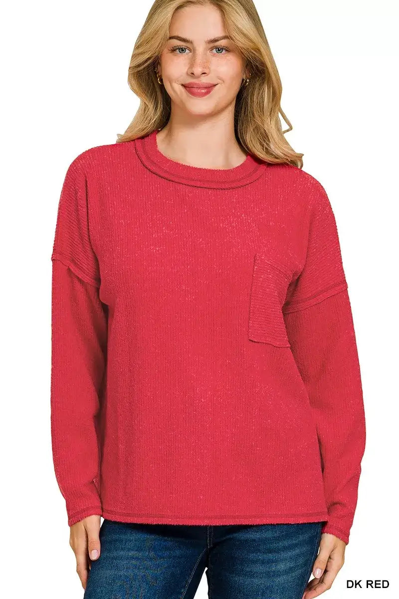Zenana Ribbed Brushed Melange Hacci Sweater with Chest Pocket Hauptbild