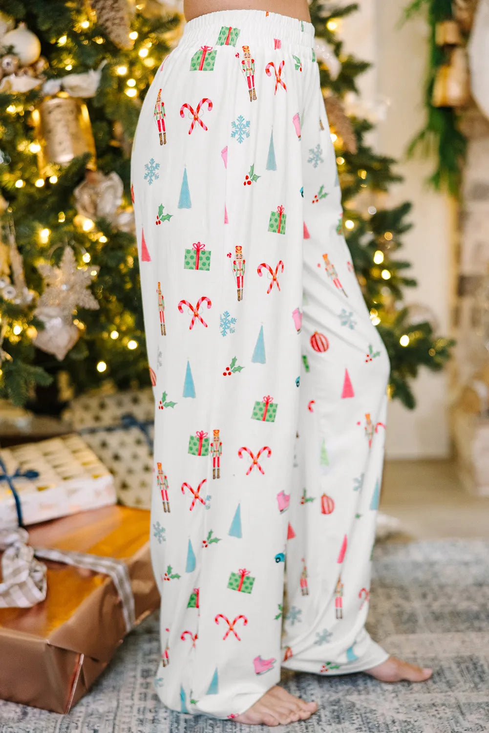 Printed Collared Neck Long Sleeve Top and Pants Lounge Set - felvior