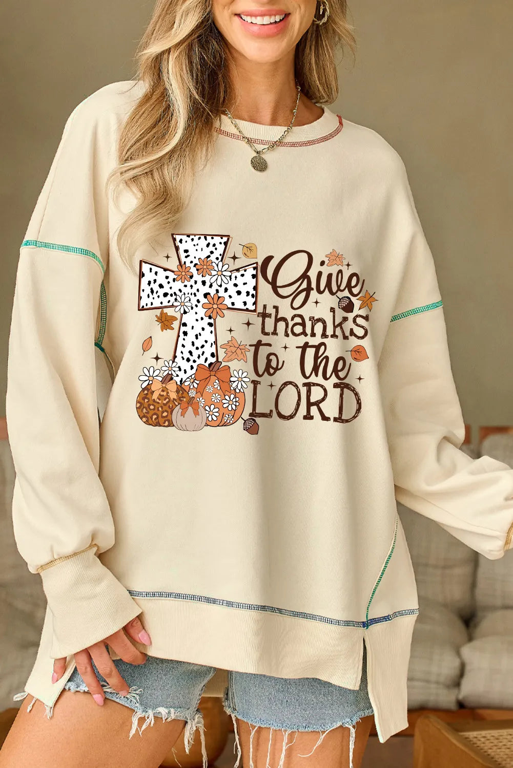 High-Low Contrast Stitching Round Neck Sweatshirt - felvior