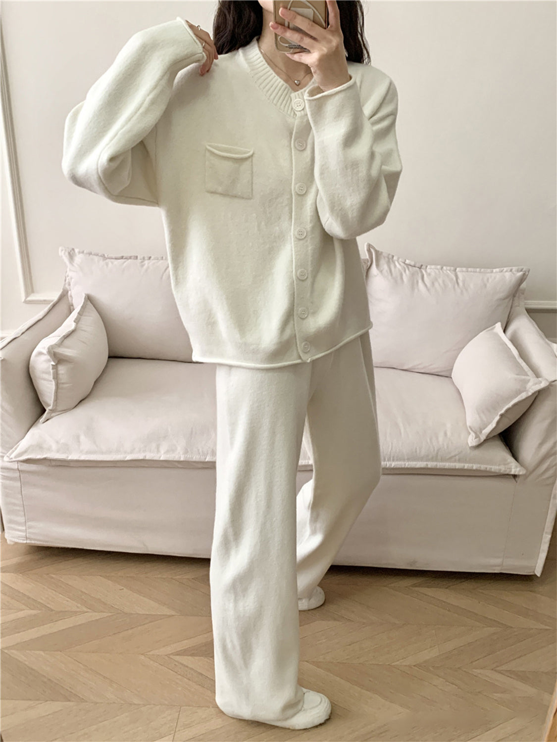 Pocketed Round Neck Button Up Cardigan and Pants Sweater Set - felvior