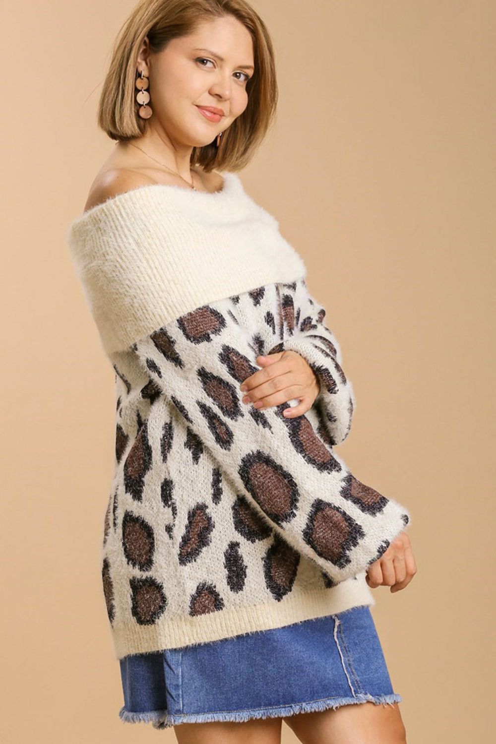 Umgee Full Size Leopard Off-Shoulder Long Sleeve Sweater Plus Size