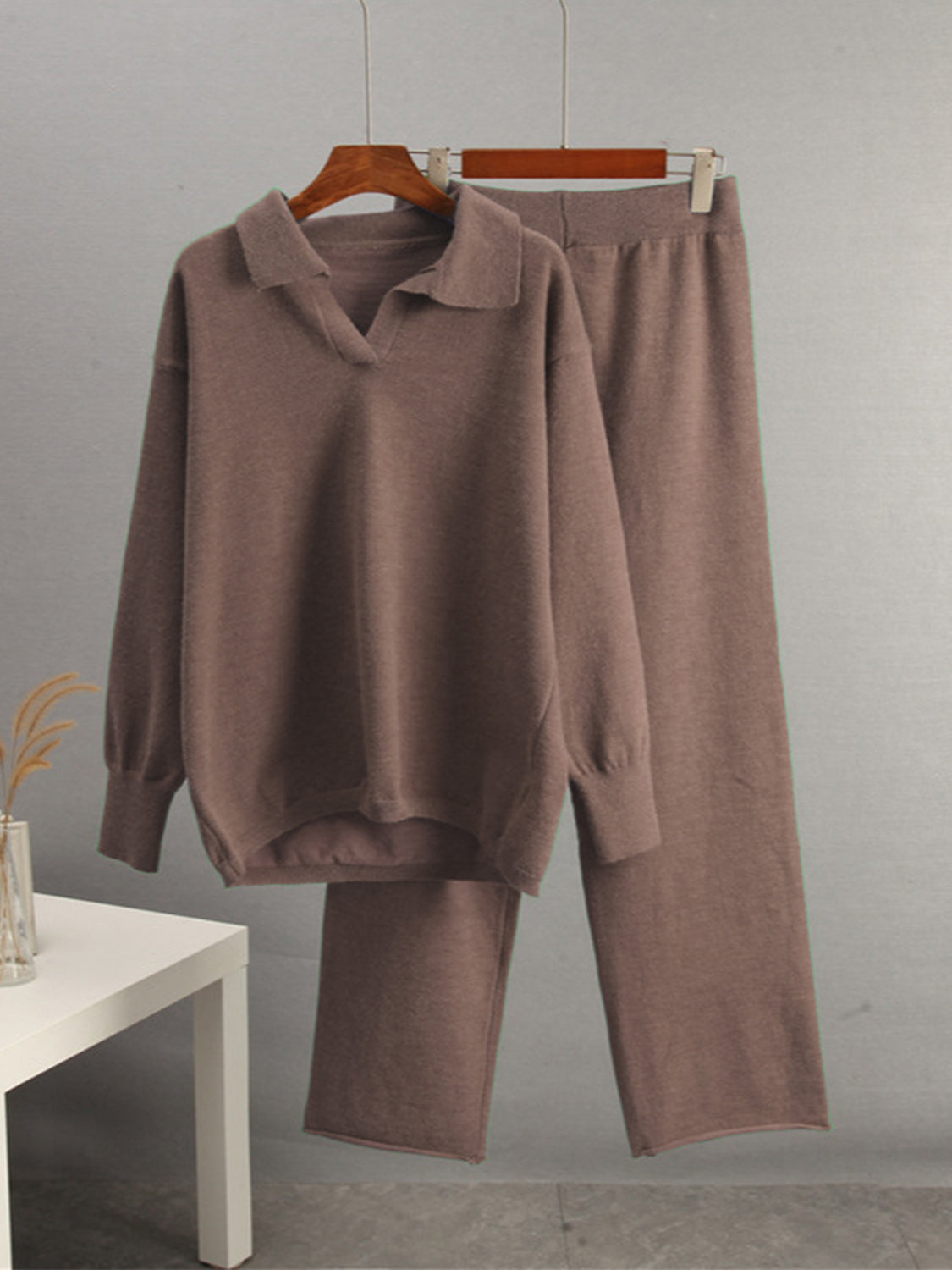 Johnny Collar Long Sleeve Top and Pants Sweater Set - felvior