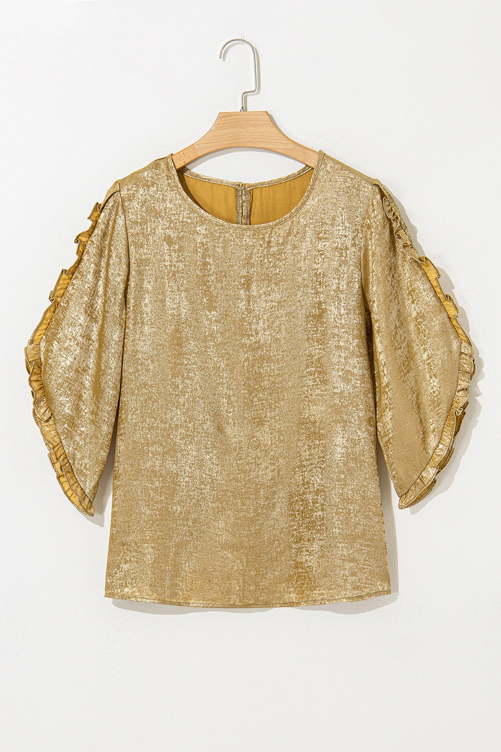 Metallic Luster Round Neck Frill 3/4 Sleeve Blouse - felvior