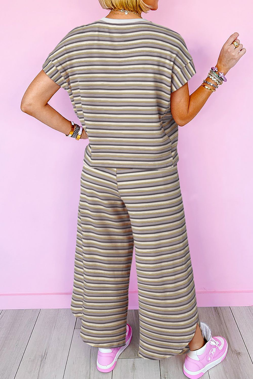Striped Round Neck Short Sleeve Top and Pants Set - felvior