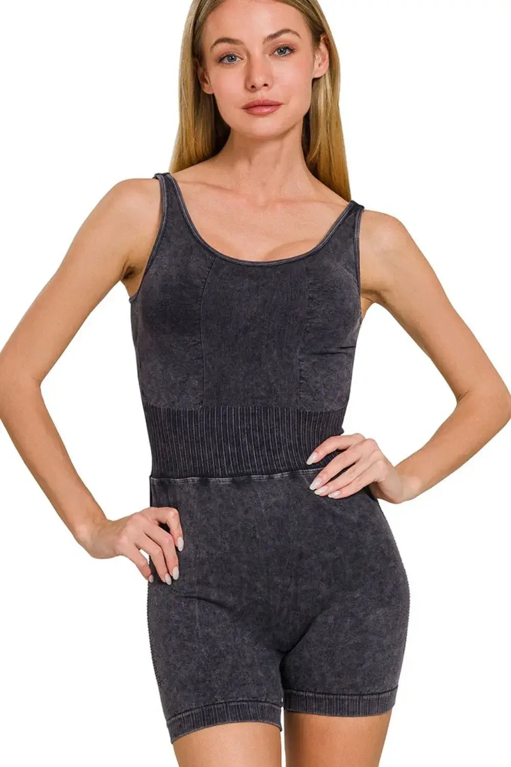Zenana Washed Sports Romper With Removable Bra Pad