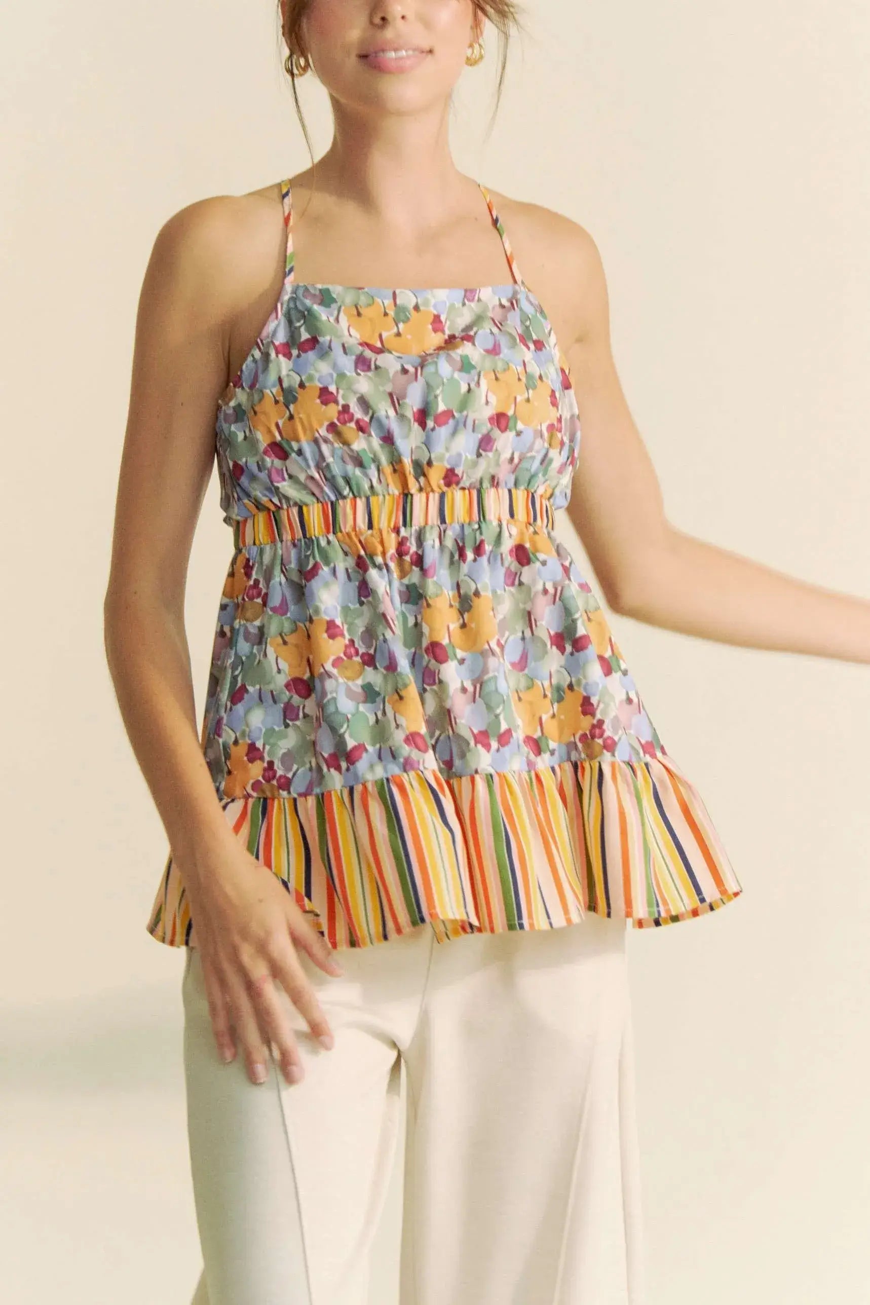 Davi & Dani Floral Smocked Sleeveless Ruffle Back Tie Top