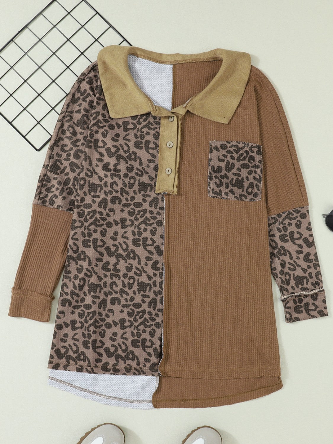Half Button Leopard Collared Neck Blouse - felvior