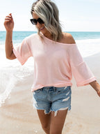 Waffle Knit Boat Neck Half Sleeve T-Shirt