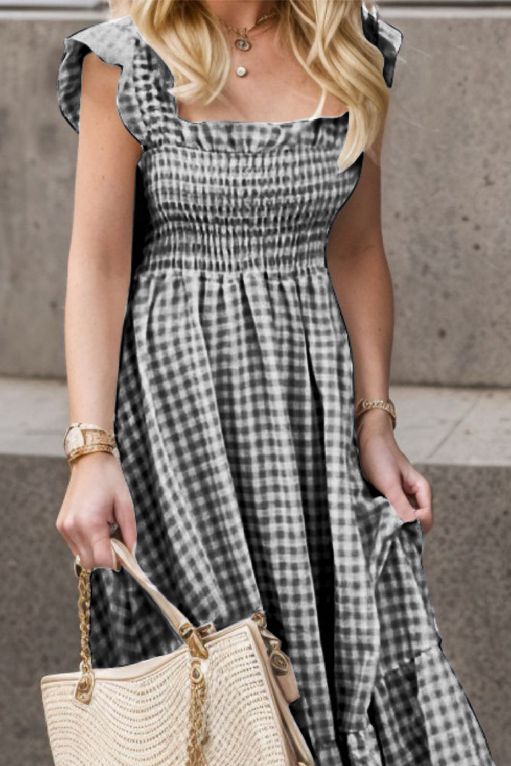 Full Size Smocked Ruffled Plaid Ruffle Hem Dress - felvior