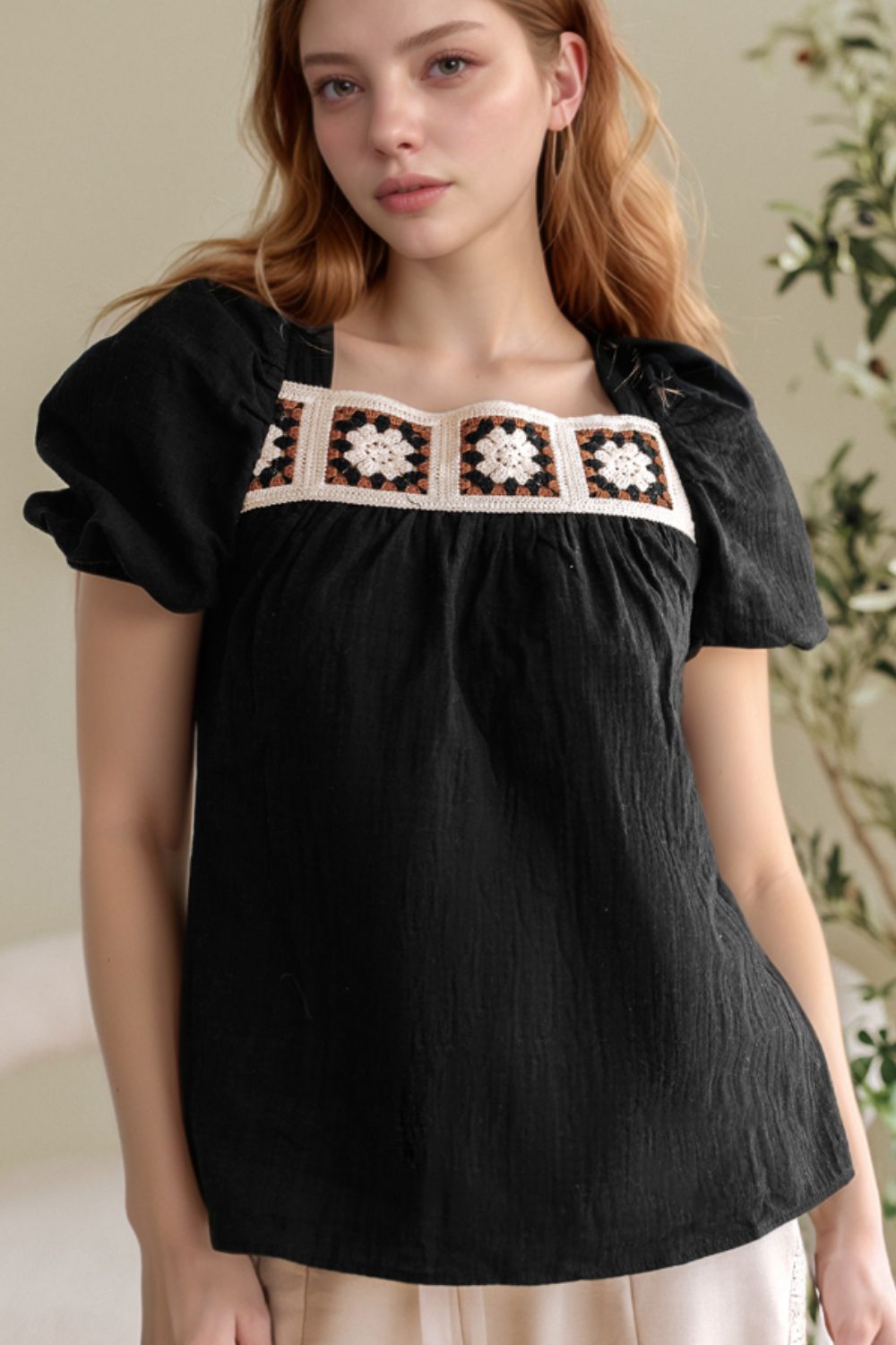 Flower Crochet Square Neck Puff Sleeve Blouse