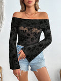 Off-Shoulder Flare Sleeve Lace Top - felvior
