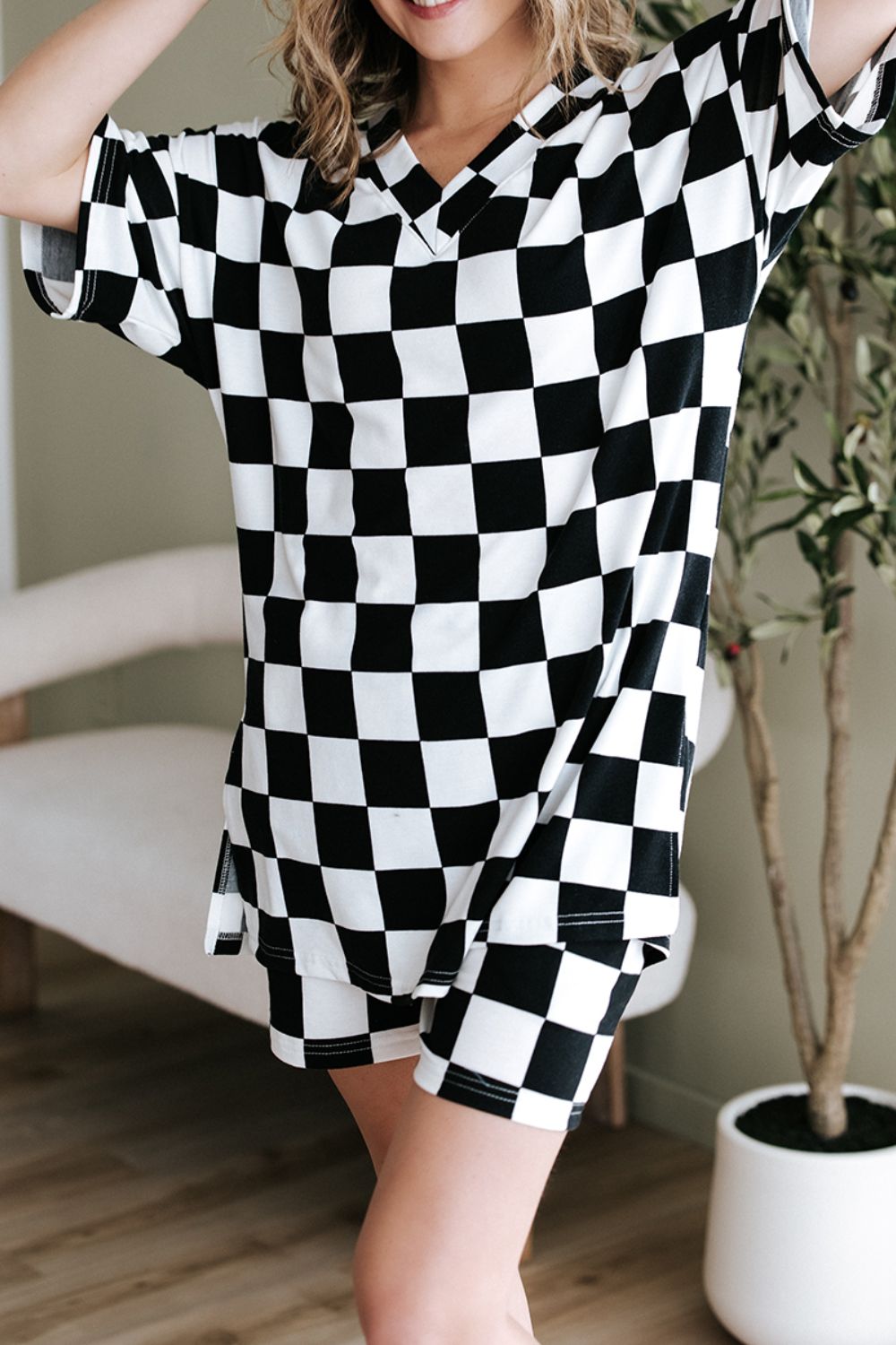 Checkerboard V Neck Loose Tee and Shorts Set