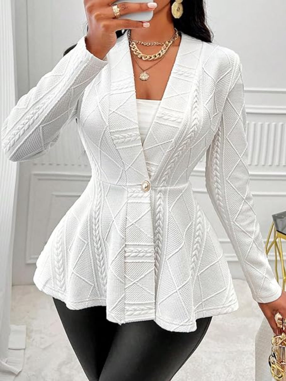 One Button Textured Peplum Cardigan - felvior