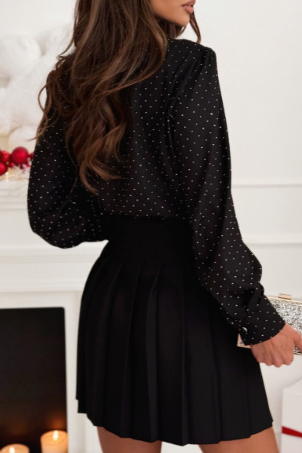 Button Down Rhinestone Decor Long Sleeve Shirt - felvior