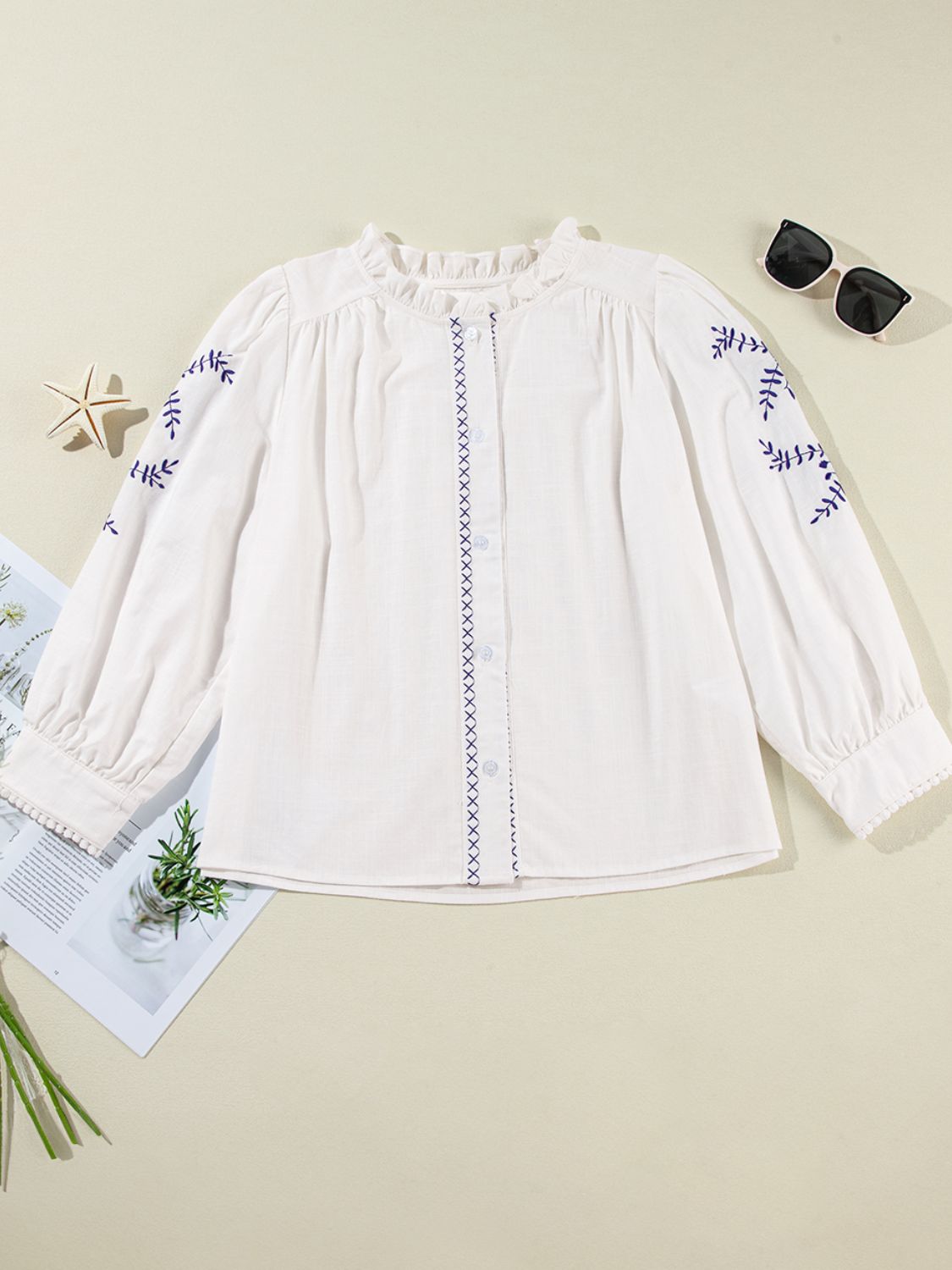 Frill Floral Embroidered Sleeve Shirt - felvior