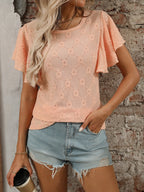 Eyelet Round Neck Flutter Sleeve Top