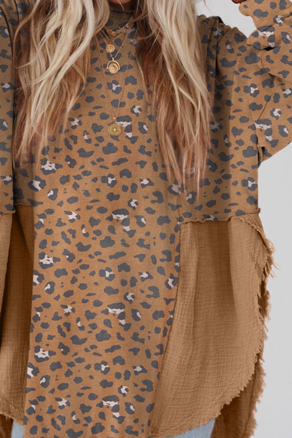 Textured Leopard Dropped Shoulder Blouse - felvior