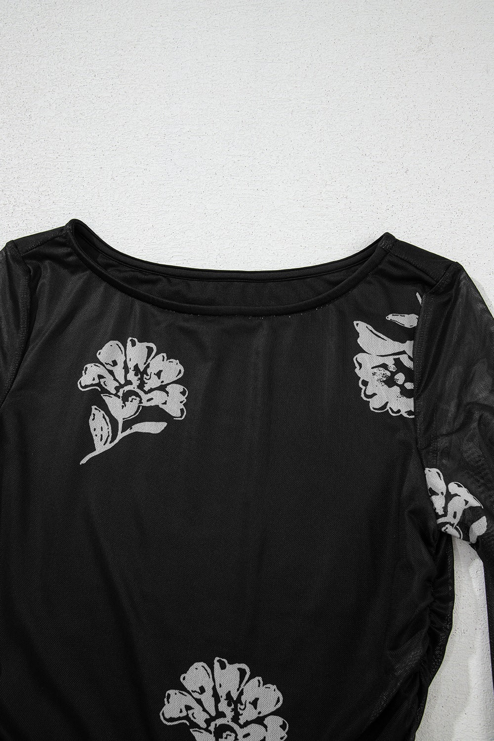Floral Mesh Lettuce Edge Ruched Slim Long Sleeve Top - felvior