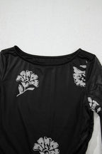 Floral Mesh Lettuce Edge Ruched Slim Long Sleeve Top