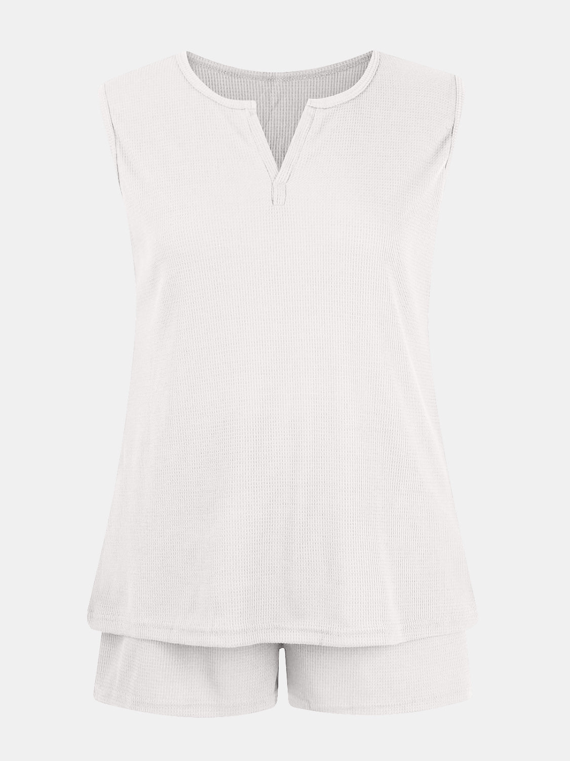 Full Size Waffle-Knit Notched Top and Shorts Set - felvior