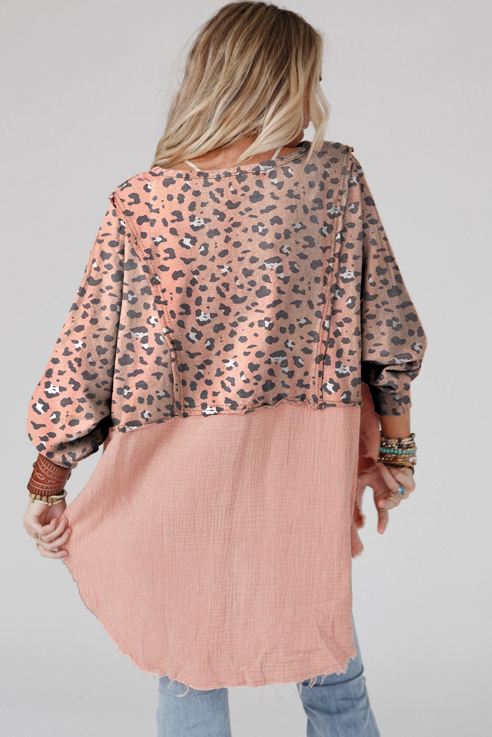 Textured Leopard Dropped Shoulder Blouse - felvior