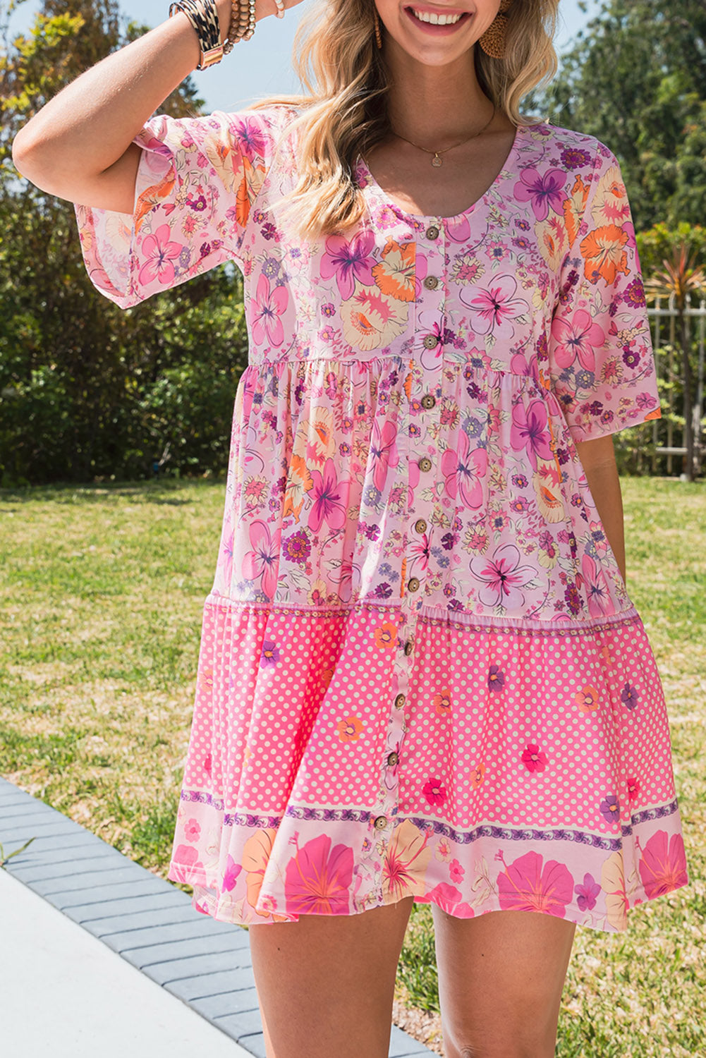 Floral Polka Dot Buttoned Mini Dress - felvior