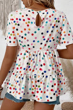 Polka Dot Short Sleeve Tiered Ruffled Babydoll Blouse