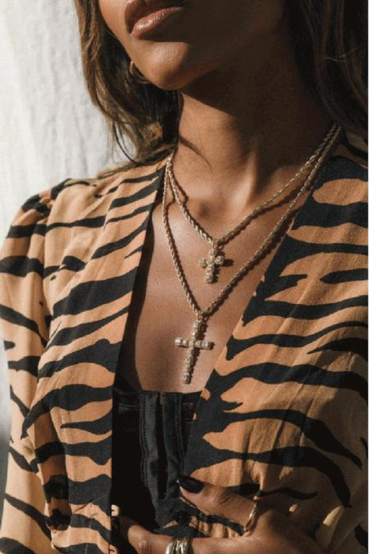 Brass Inlaid Zircon Cross Pendant Necklace - felvior