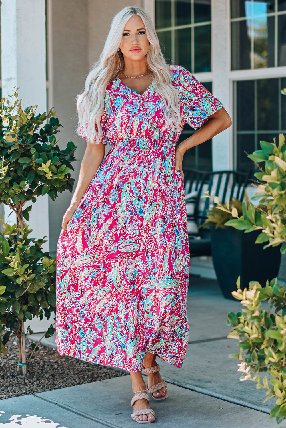 Multicolored V-Neck Maxi Dress - felvior
